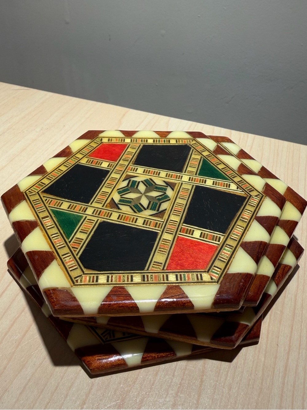 Taracea Grenada Spain Inlaid Marquetry Mosaic Wooden Coasters - Set of 5